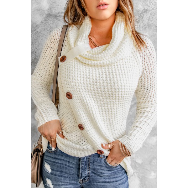 White Buttoned Wrap Turtleneck Sweater