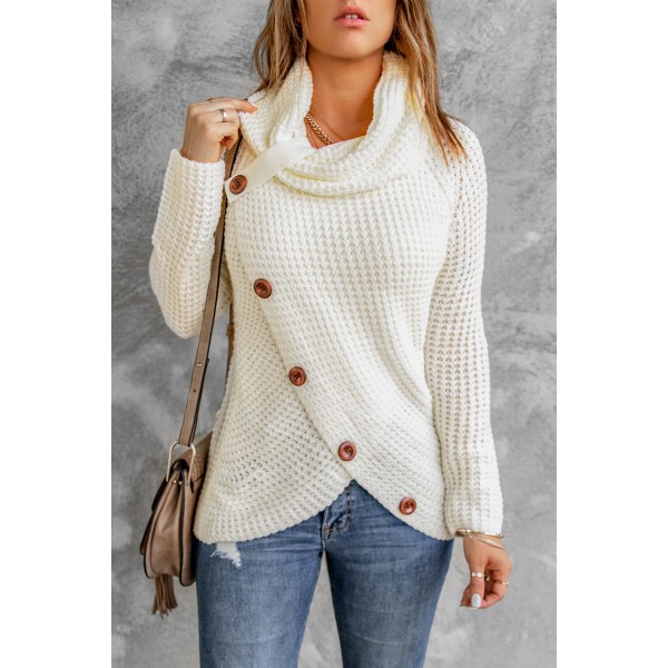 White Buttoned Wrap Turtleneck Sweater