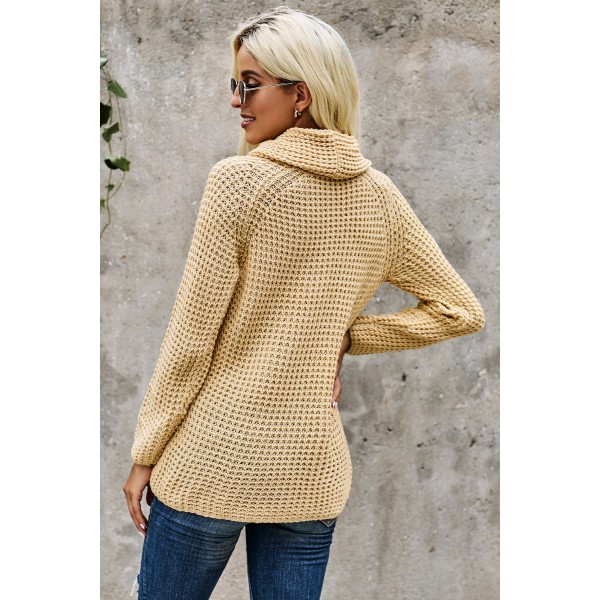 Beige Buttoned Wrap Turtleneck Sweater