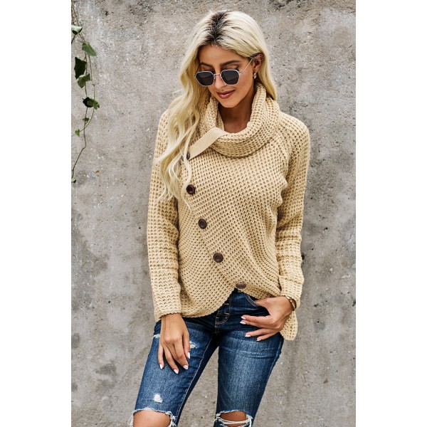 Beige Buttoned Wrap Turtleneck Sweater
