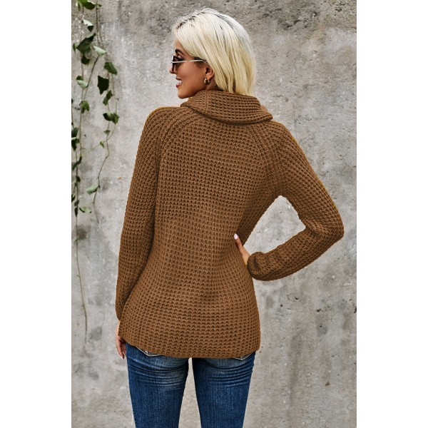 Khaki Buttoned Wrap Turtleneck Sweater