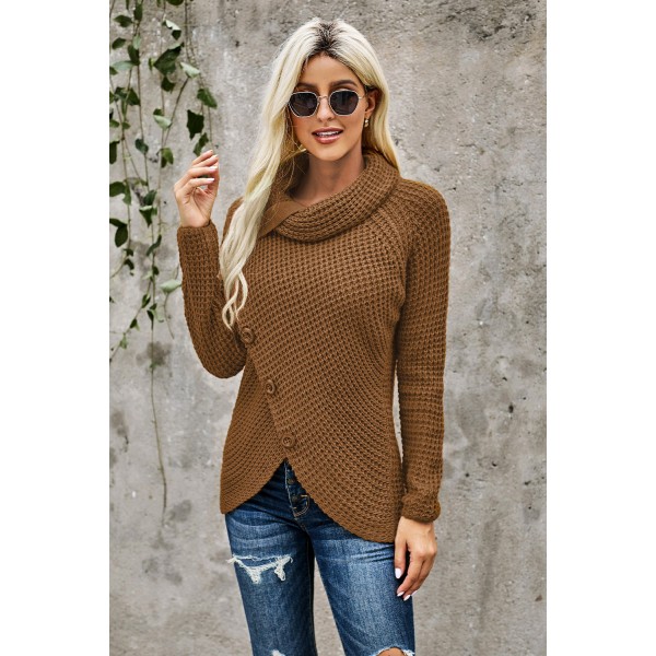 Khaki Buttoned Wrap Turtleneck Sweater