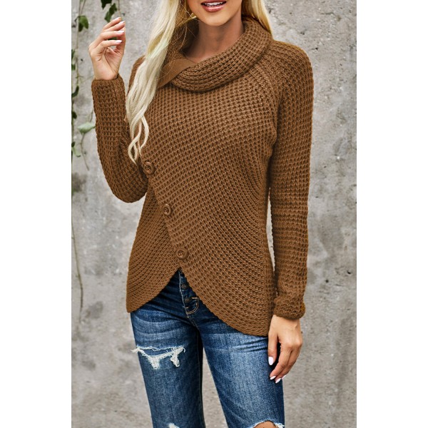 Khaki Buttoned Wrap Turtleneck Sweater