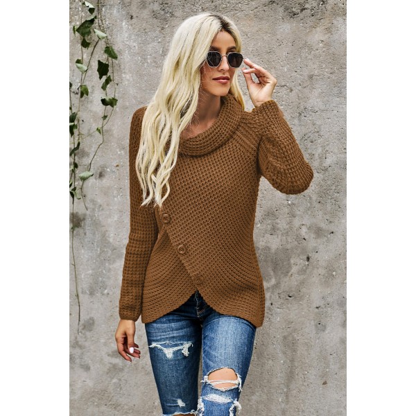Khaki Buttoned Wrap Turtleneck Sweater
