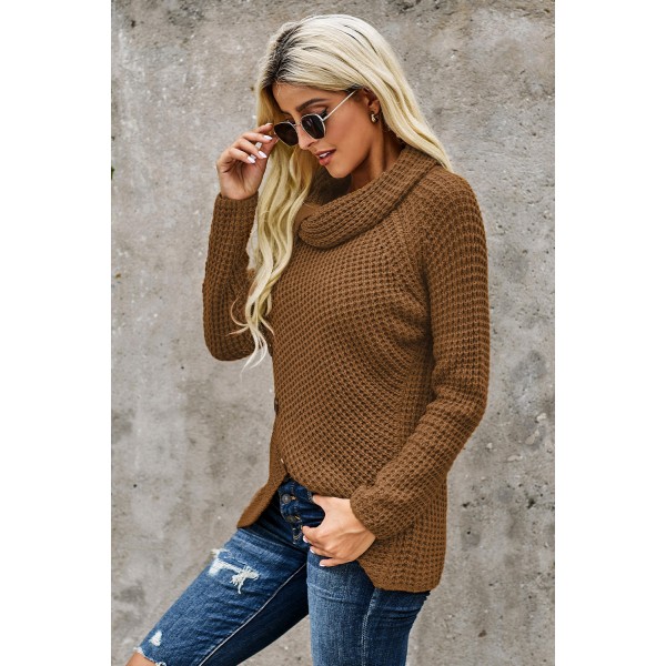 Khaki Buttoned Wrap Turtleneck Sweater