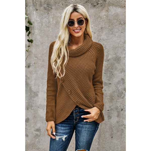 Khaki Buttoned Wrap Turtleneck Sweater