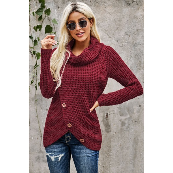 Burgundy Buttoned Wrap Turtleneck Sweater