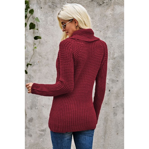 Burgundy Buttoned Wrap Turtleneck Sweater