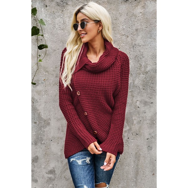 Burgundy Buttoned Wrap Turtleneck Sweater