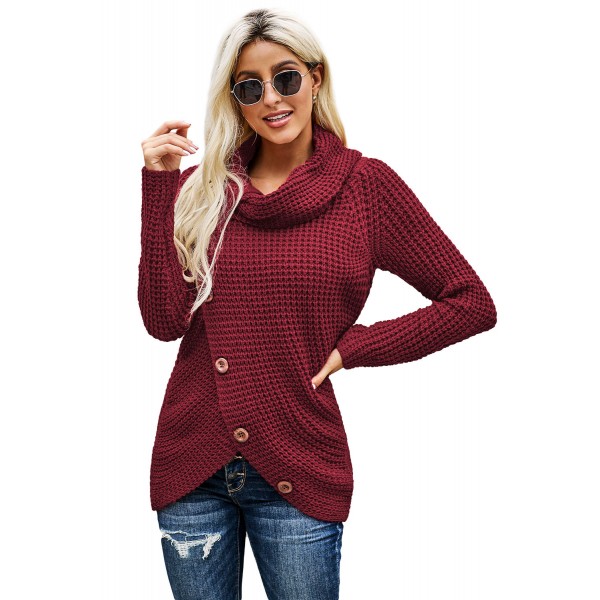 Burgundy Buttoned Wrap Turtleneck Sweater