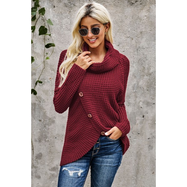 Burgundy Buttoned Wrap Turtleneck Sweater