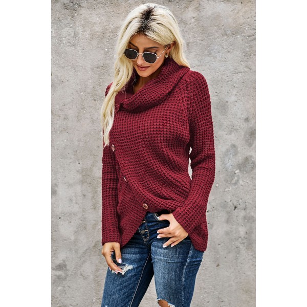 Burgundy Buttoned Wrap Turtleneck Sweater