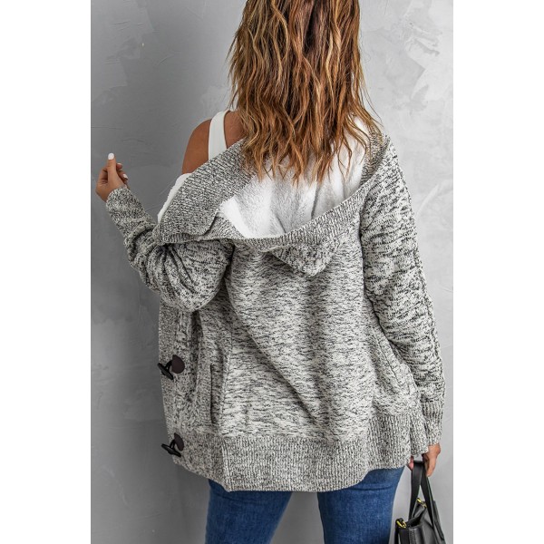 Heather Gray Fur Hood Horn Button Sweater Cardigan