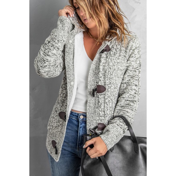 Heather Gray Fur Hood Horn Button Sweater Cardigan