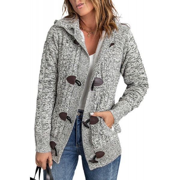 Heather Gray Fur Hood Horn Button Sweater Cardigan
