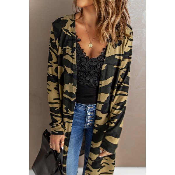 Green Camo Print Long Cardigan
