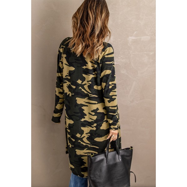Green Camo Print Long Cardigan
