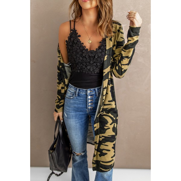 Green Camo Print Long Cardigan
