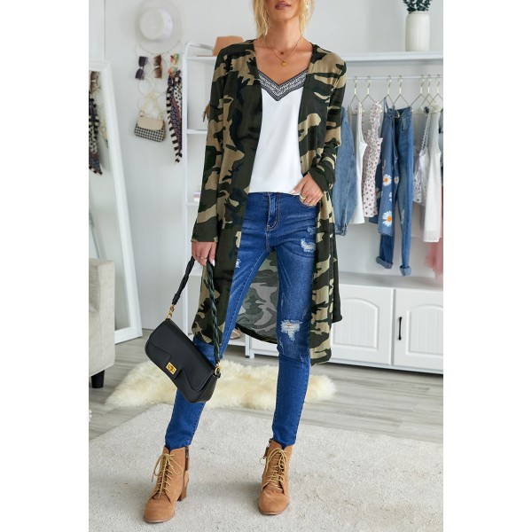Green Camo Print Long Cardigan