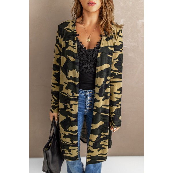Green Camo Print Long Cardigan