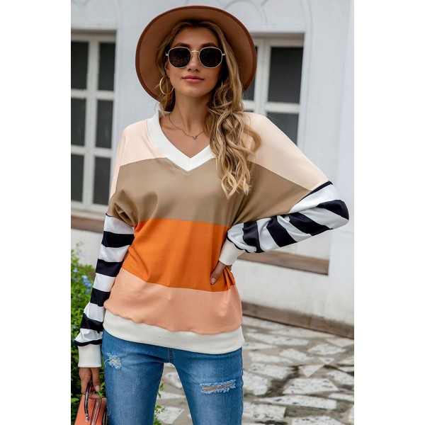 Brown Colorblock V Neck Sweatshirt