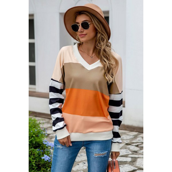 Brown Colorblock V Neck Sweatshirt