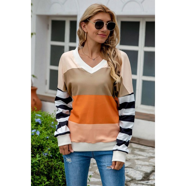 Brown Colorblock V Neck Sweatshirt