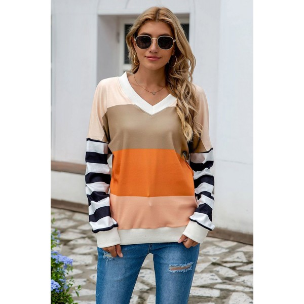 Brown Colorblock V Neck Sweatshirt