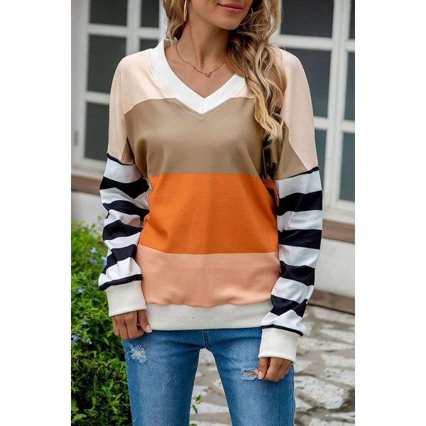 Brown Colorblock V Neck Sweatshirt