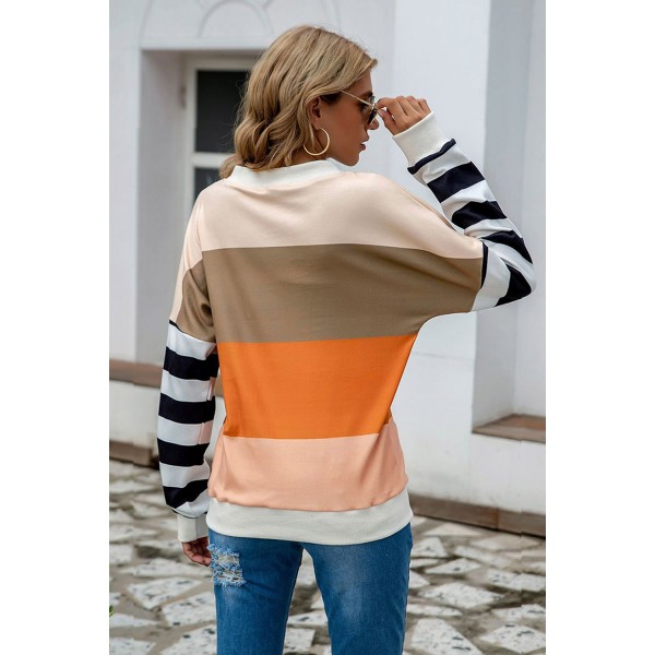 Brown Colorblock V Neck Sweatshirt