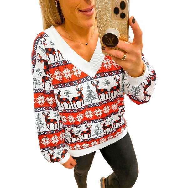 Christmas Print V Neck Women Sweatshirt