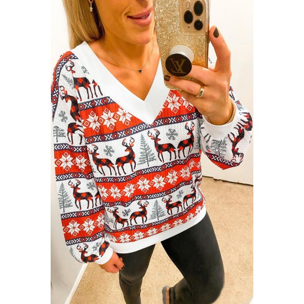 Christmas Print V Neck Women Sweatshirt