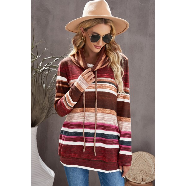 Red Multicolor Cowl Neck Striped Sweatshirt
