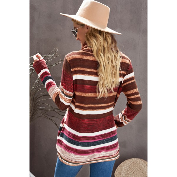 Red Multicolor Cowl Neck Striped Sweatshirt