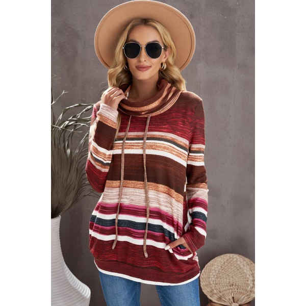 Red Multicolor Cowl Neck Striped Sweatshirt