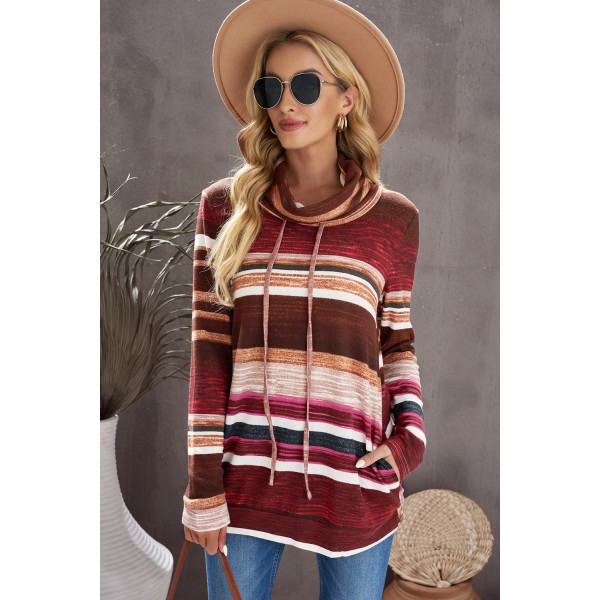 Red Multicolor Cowl Neck Striped Sweatshirt