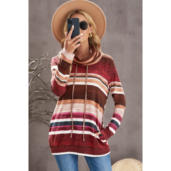 Red Multicolor Cowl Neck Striped Sweatshirt