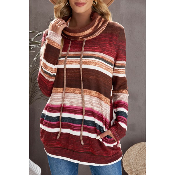 Red Multicolor Cowl Neck Striped Sweatshirt