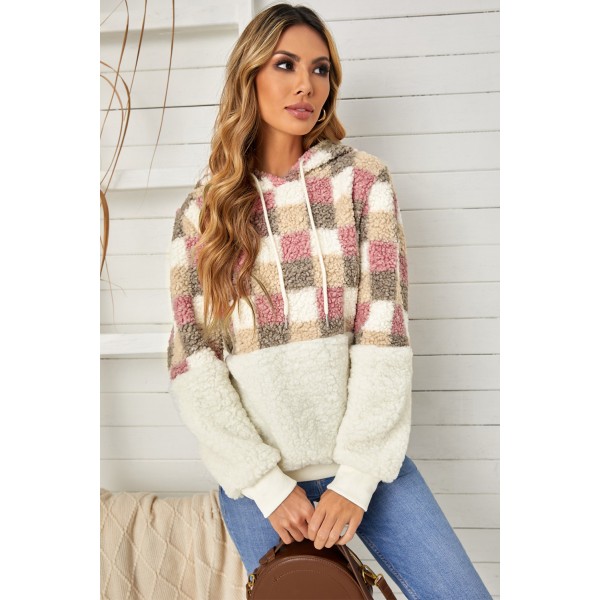 Checkerboard Pullover Fluffy Sherpa Hoodie