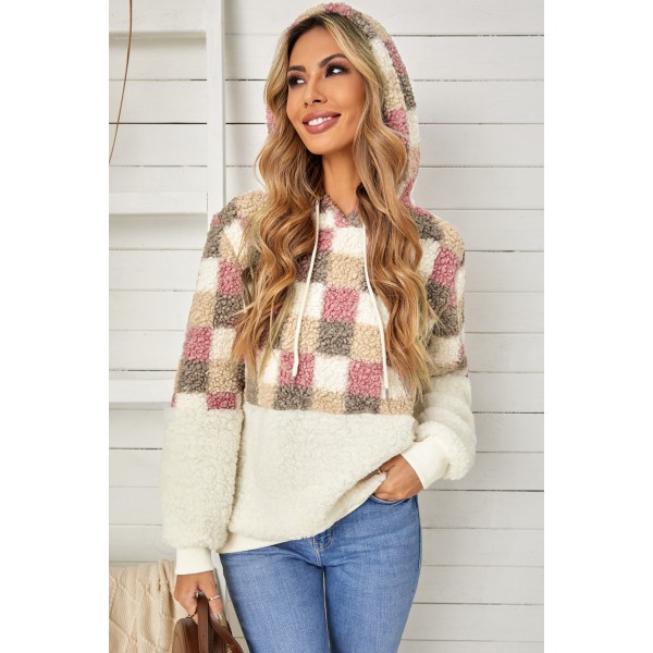Checkerboard Pullover Fluffy Sherpa Hoodie