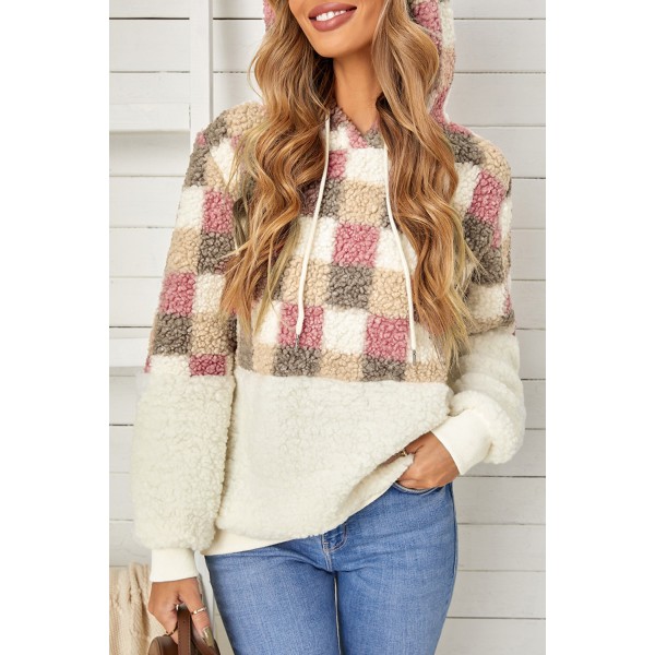 Checkerboard Pullover Fluffy Sherpa Hoodie