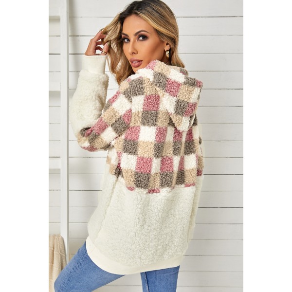 Checkerboard Pullover Fluffy Sherpa Hoodie