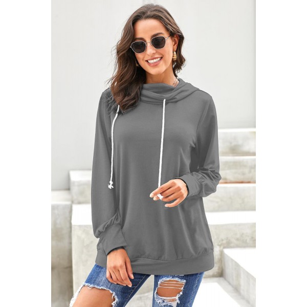 Gray Long Sleeve Hoodie with Rope Drawstring