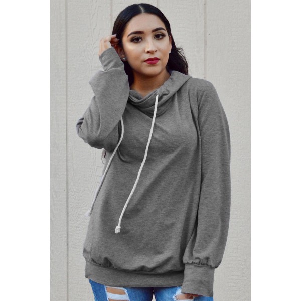 Gray Long Sleeve Hoodie with Rope Drawstring