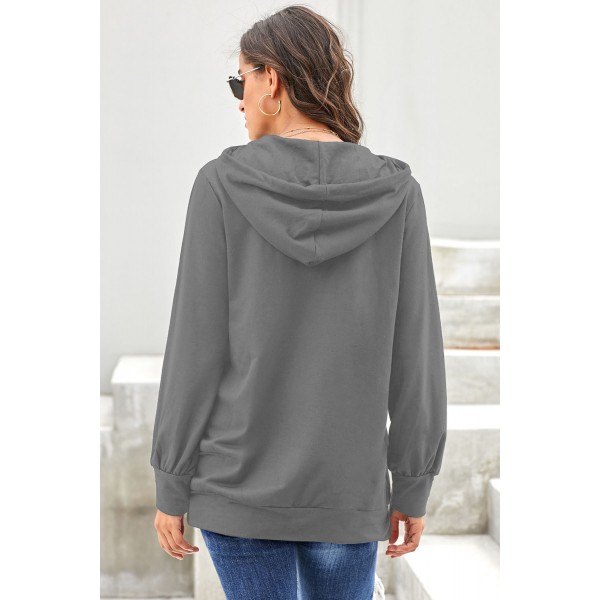 Gray Long Sleeve Hoodie with Rope Drawstring