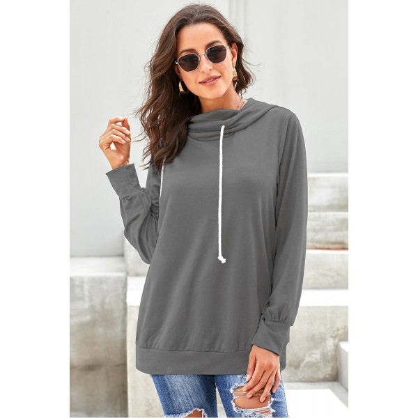 Gray Long Sleeve Hoodie with Rope Drawstring