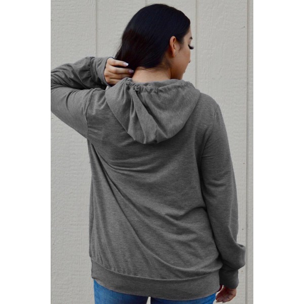 Gray Long Sleeve Hoodie with Rope Drawstring