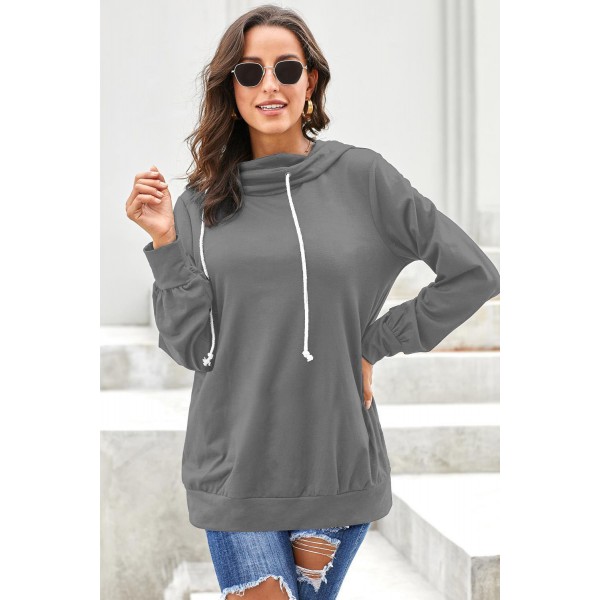 Gray Long Sleeve Hoodie with Rope Drawstring