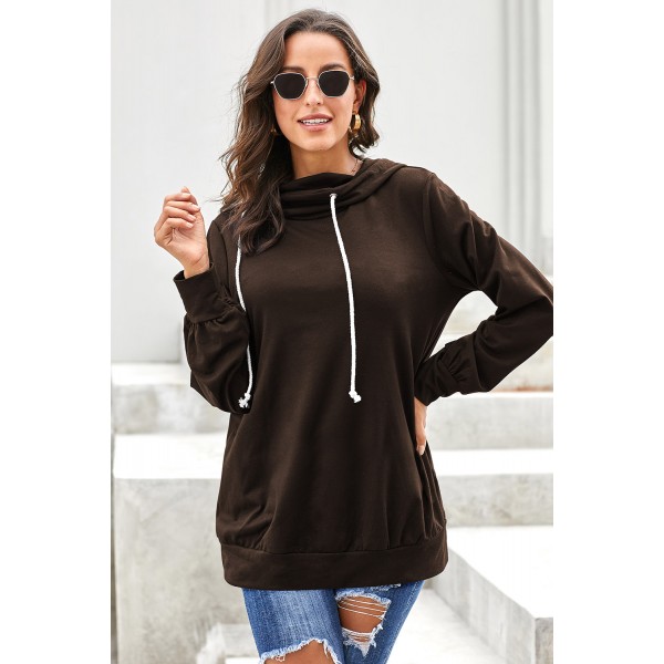 Brown Long Sleeve Hoodie with Rope Drawstring