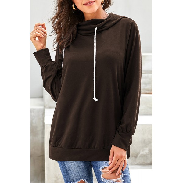 Brown Long Sleeve Hoodie with Rope Drawstring